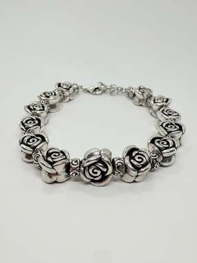 Vintage Rose Link Bracelet Silver Tone Metal